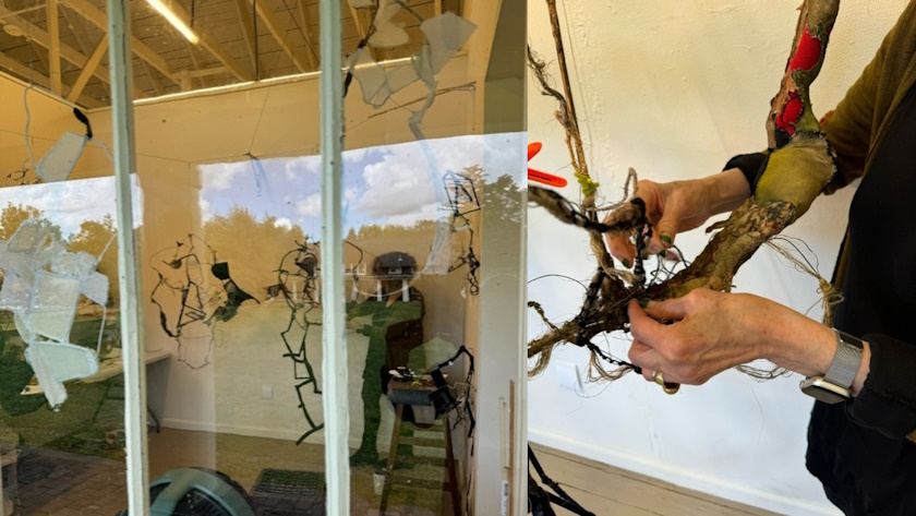 Composite image of Audrey Goldstein through a window working on a gallery exhibit, then a close up of her hands preparing artwork