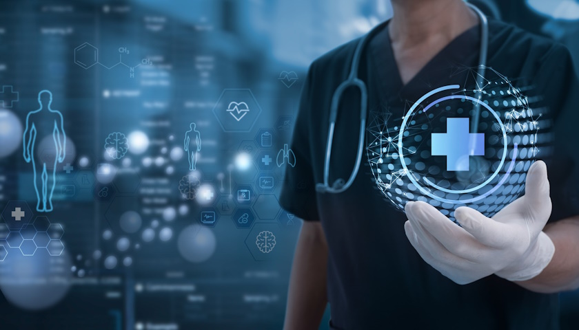 Composite image showing a person with scrubs and a stethoscope with medical graphics
